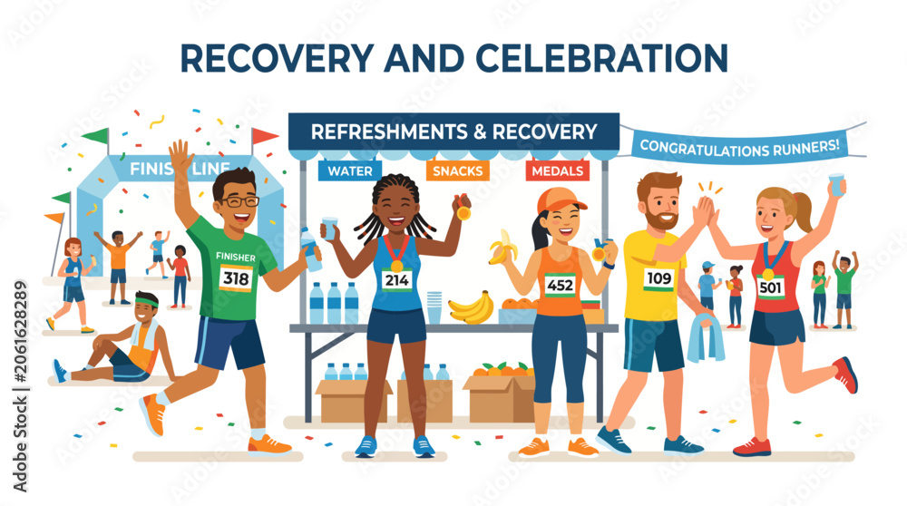 Naklejka premium Flat vector illustration of volunteers celebrating finishing line with refreshments and congratulations