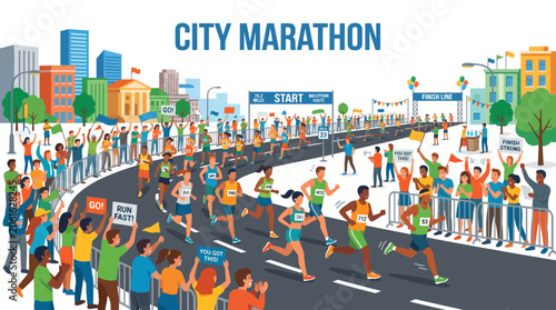Flat Vector Illustration of a City Marathon with Runners and Spectators Celebrating the Event