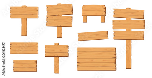 Set of Cartoon Wood Plank Sign for Information, Text box, Announcement, Blank Space, Quote, Jungle wood board, Garden Theme