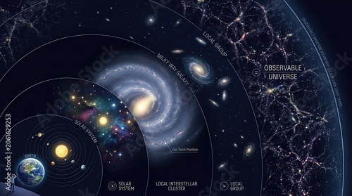 Cosmic hierarchy reveals immense scale, illustrating universe structure, from solar system arrangement, galaxy formation, local group aggregation, to observable cosmic expanse.