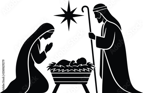 Obraz na plátne Classic Christmas Nativity Scene Silhouette, Holy Family and Manger Vector, vector, illustration, silhouette