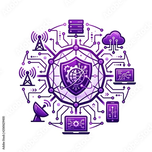 Cybersecurity network protection shield with connected devices and cloud.