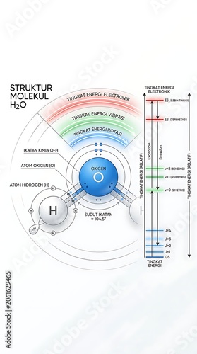 Diagram of water molecule structure and electron energy levels.