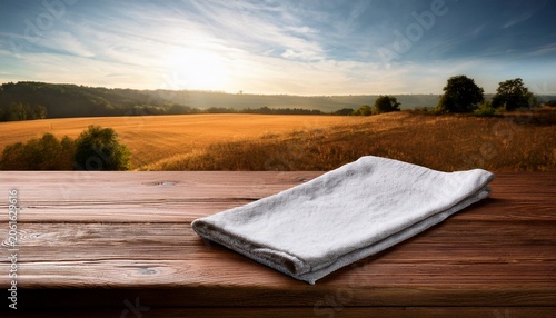 kitchen towel on empty wooden table napkin close up top view mock up for design kitchen rustic background