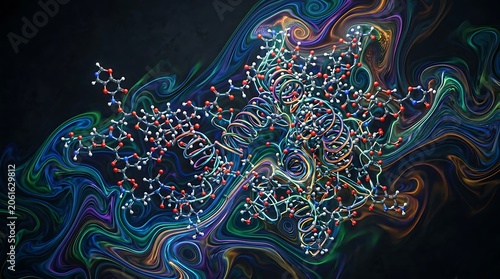 Intricate molecular structure with vibrant colorful abstract background.