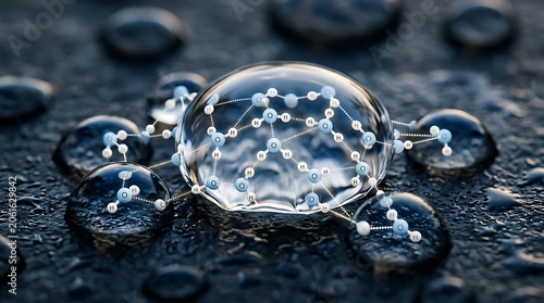 Microscopic molecular structure within water droplets on a dark surface.