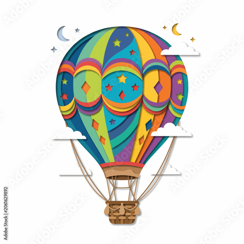 Colorful hot air balloon flying in the night sky