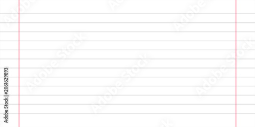 Lined notebook paper page background. Gray horizontal stripes and red vertical margin template. Classic school exercise sheet vector illustration