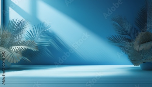 abstract gradient blue studio background for product presentation empty room with shadows of window and flowers and palm leaves 3d room with copy space summer concert blurred backdrop
