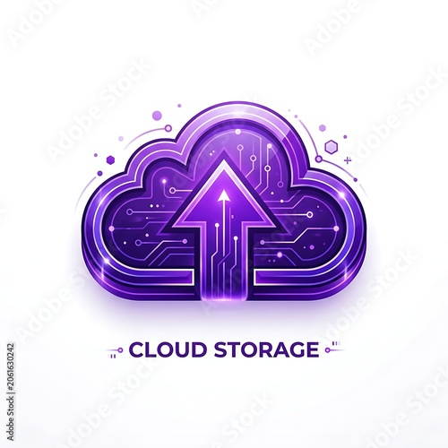 Digital Cloud Storage Icon with Upload Arrow and Circuitry.