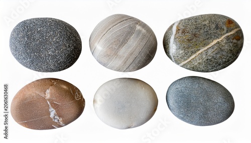 variety of six different natural pebbles stones with interesting patterns and colors round ones with quartz stripes and dotted grey and white isolated over transparency top view flat lay