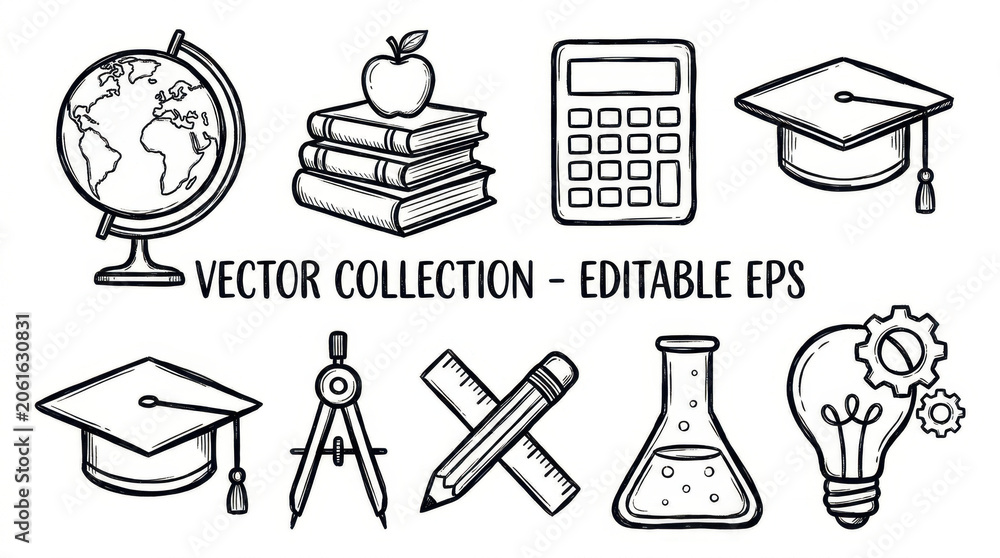 Fototapeta premium Education school icon sketch doodle illustration Education school icons sketch style doodle set featuring globe book calculator graduation cap compass pencil ruler chemistry flask