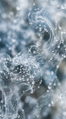Macro view of water droplets on delicate white filaments.
