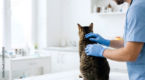 Male veterinarian examining a brown tabby cat on a clinic table. Concept of animal healthcare, pet medical treatment, and veterinary clinic services.