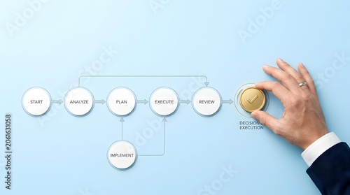 Businessman hand placing gold checkmark token on workflow diagram flowchart. Concept of project management, process optimization, and corporate decision making.