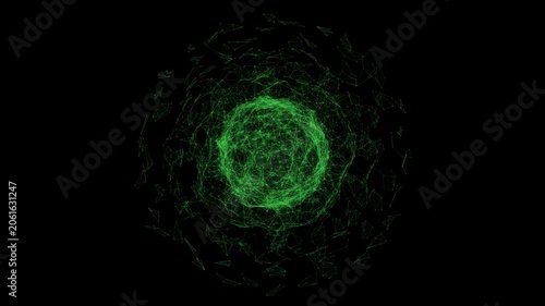 Glowing green digital sphere made of wireframe nodes and layered rings, suggesting data networks, cybersecurity and futuristic technology.