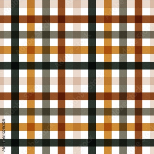 Seamless plaid pattern with horizontal and vertical overlapping lines in brown, orange, dark grey, and beige colors on a white background.