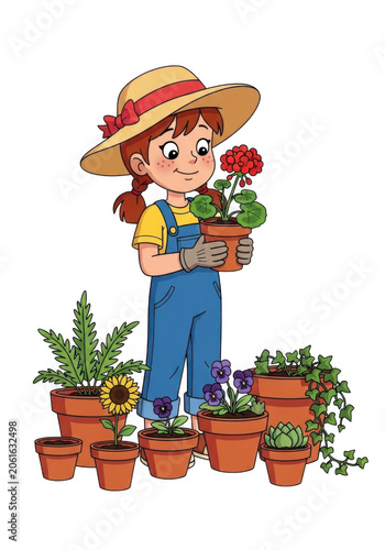Cartoon gardener holding potted flowers with plants around