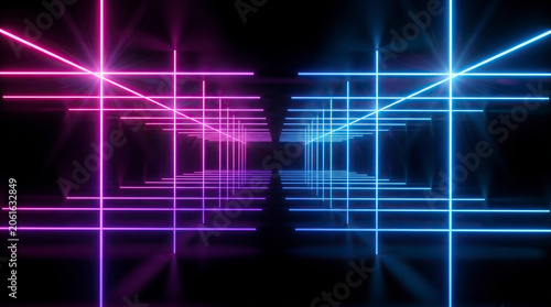 Abstract Neon Grid Tunnel with Blue and Pink Lights in Dark Space