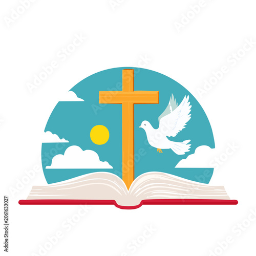 Christian cross, dove, and open book illustration