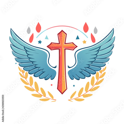 Christian cross with wings and laurel wreath