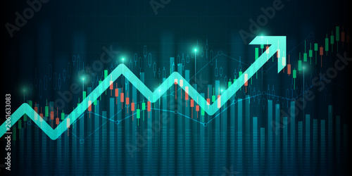 moving up arrow financial chart and stock market graph with world map on blue color background