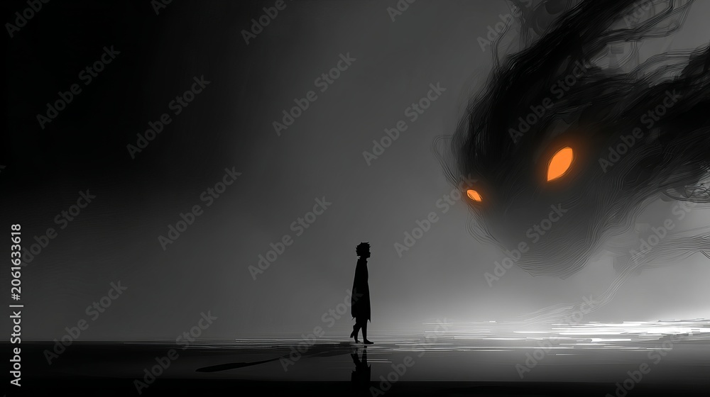 Fototapeta premium Silhouette of a young boy standing before a massive dark ethereal creature with glowing orange eyes in deep misty darkness