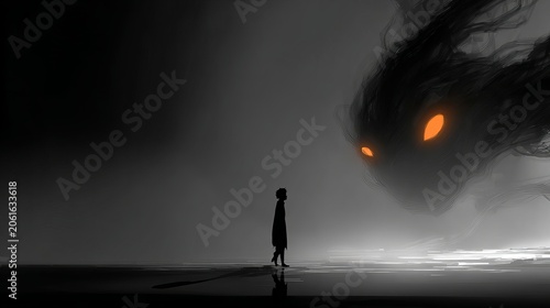 Silhouette of a young boy standing before a massive dark ethereal creature with glowing orange eyes in deep misty darkness