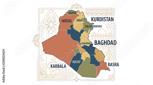 Photos Map of Iraq with Provinces and Major Cities Highlighted, Kurdistan Region