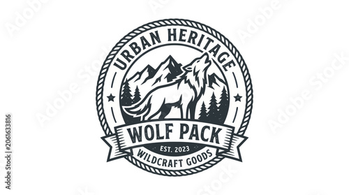 Obraz na plátně Wolf Pack Logo: Mountain, Forest, Heritage, Wildcraft Goods Emblem