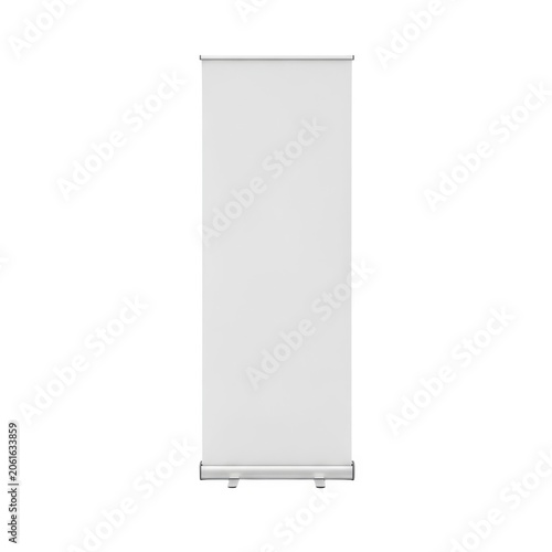 Blank roll up banner mockup, vertical white pull up stand for trade show exhibition, clean aluminum retractable display for marketing and advertising