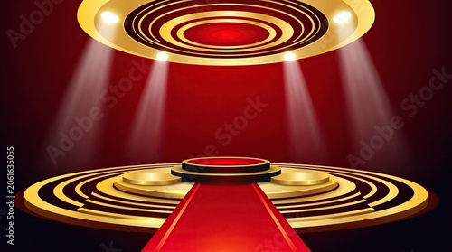 Spotlight Stage Performance with Dramatic Red and Gold Lighting Effects