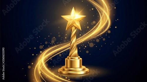 Golden trophy with radiant light trails in dark cosmic background