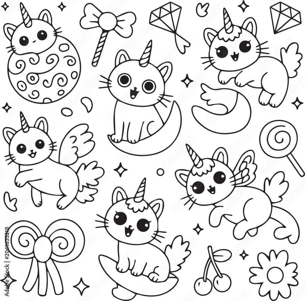 Obraz premium Cute unicorn cat set with wings and sparkles and candy elements hand drawn doodle vector pack for stationery and kids pattern design.
