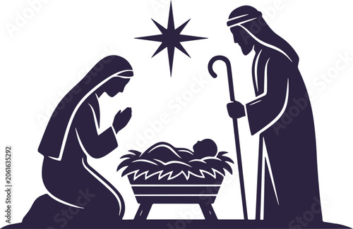 Obraz na plátně Black Monochromatic Holy Family Vignette for Festive Religious Media Layouts, Modern Birth of Christ Vector Graphic, Minimalist Christian Noel Clip Art, vector, illustration, silhouette