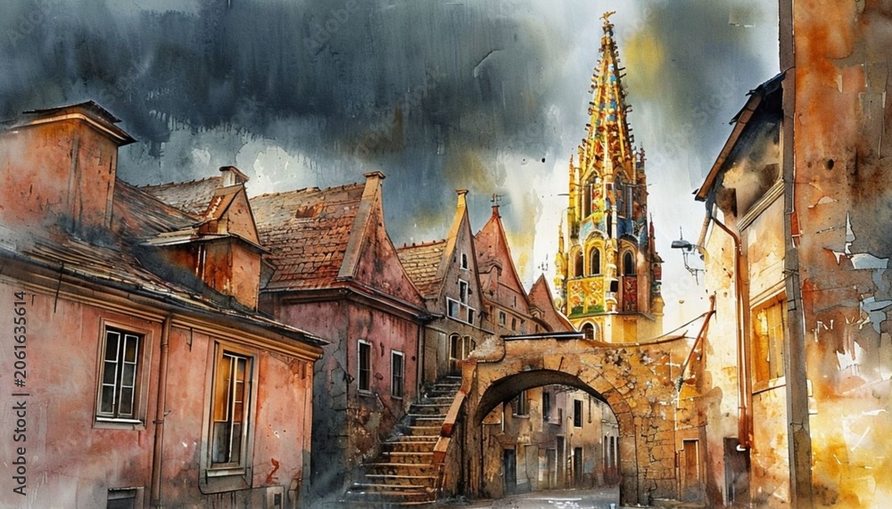 Fototapeta premium Dramatic Watercolor Of A Historic European Cathedral Street
