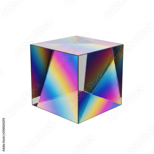 Colorful geometric cube with rainbow prism effect isolated