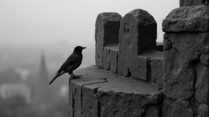 A black and white photo of a bird perched on a wall, great for decoration or illustration