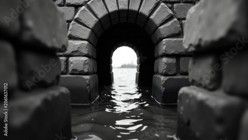 A black and white photo of a tunnel underwater with water flowing through it