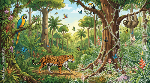 Foto Lush tropical rainforest landscape with a jaguar walking on a path, featuring a