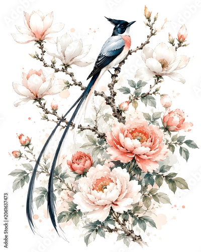 Modern Chinoiserie Art Elegant Watercolor Illustration of Bird with Blossoming Flowers in Vintage Botanical Style