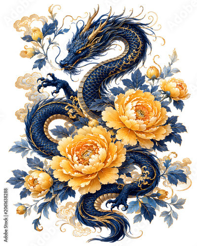 Modern Chinoiserie Art Exquisite Chinese Blue Dragon with Gold Accents and Blooming Peonies in Ornate Botanical Art Design