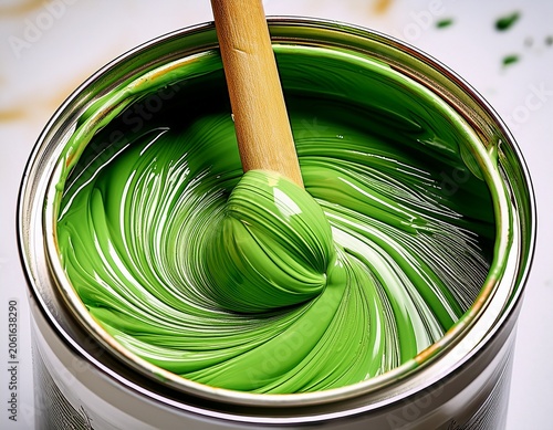 close up of a wooden stick stirring vibrant green paint creating swirling patterns and textures in a can
