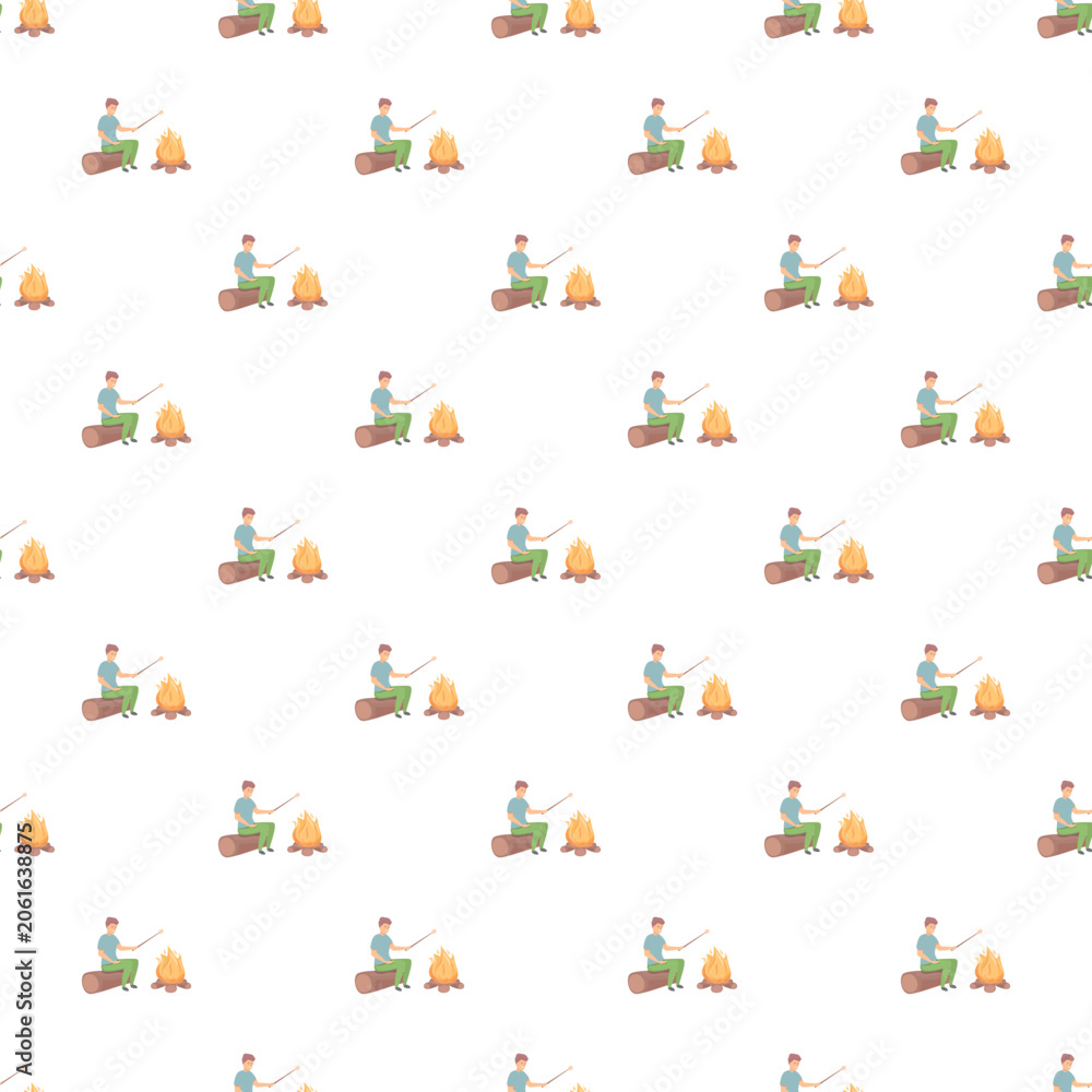 Obraz premium Man sitting on log roasting marshmallow over campfire repeating in seamless pattern