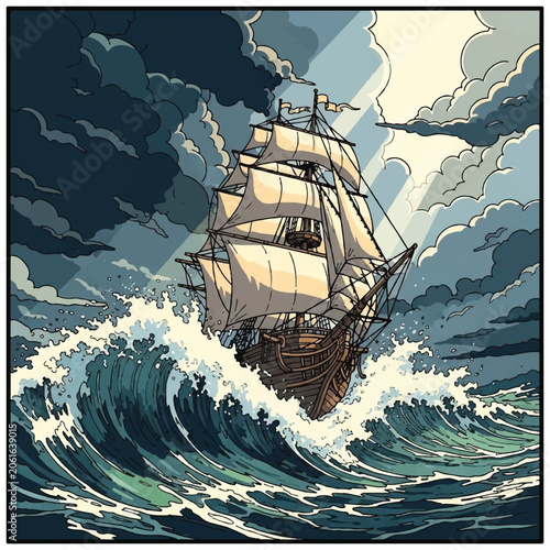 Quadro em tela Sailing Ship in Stormy Ocean Waves.