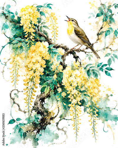 Modern Chinoiserie Art Nightingale singing on a branch of ancient Watercolor Illustration of Bird Singing on Wisteria Vine in Floral Nature Scene with Yellow Blooms and Artistic Watercolor Technique