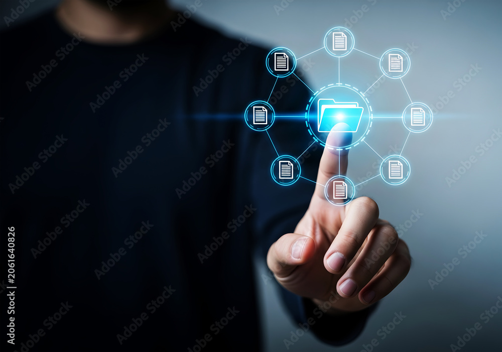 Fototapeta premium Person touching digital interface with glowing folder and document icons finger hand
