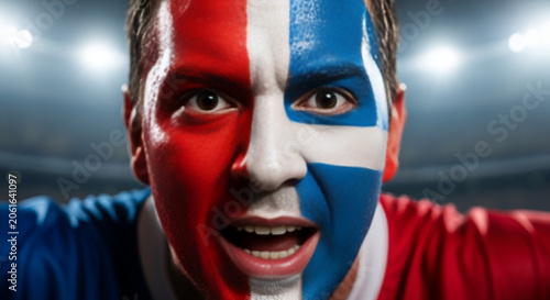 Intense Fan Faces Crowd, Painted with National Colors for Sporting Event