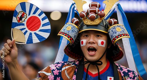 Japanese Fan with Samurai Helmet, Footballs, Sun Flag, Cheering at Event