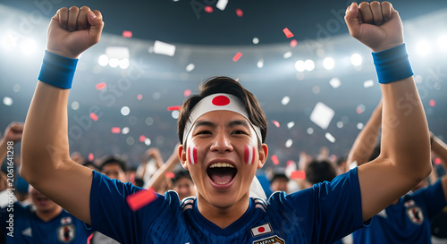 Japanese Soccer Fan Celebrates Victory with Confetti and Face Paint